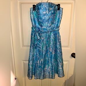 Lilly Pulitzer Strapless Blue and White Silk blend Dress 10 formal wedding